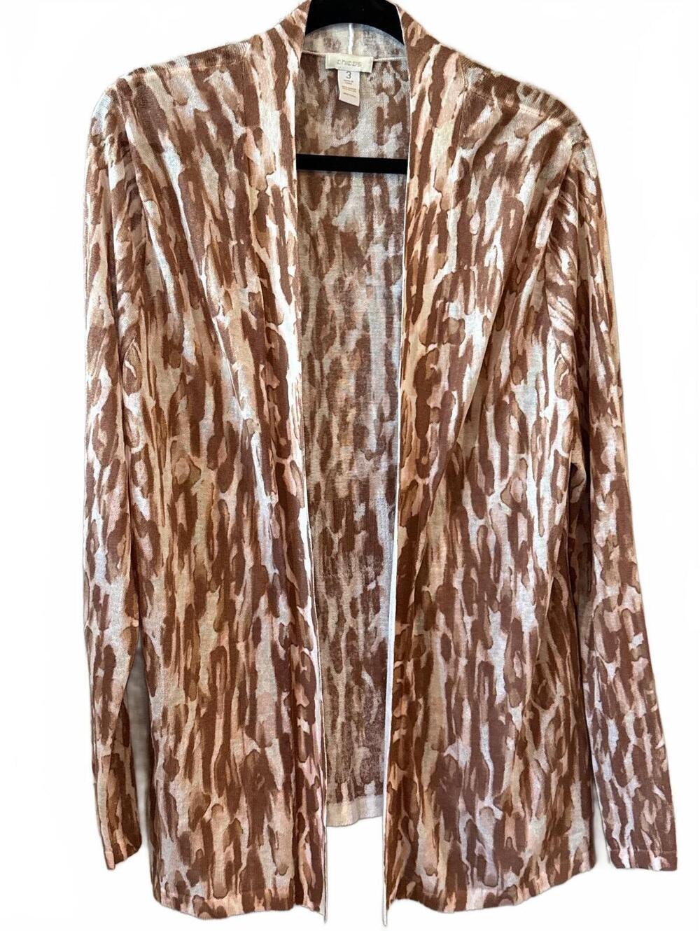 Chico's Women's Brown and Cream Patterned Open Front Light Cardigan Size 3